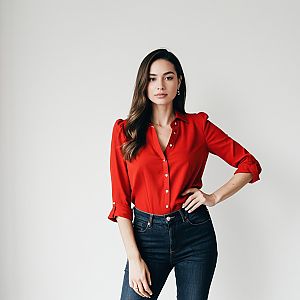 Confident Woman in Red Blouse and Jeans