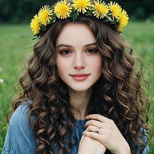 Young Woman with Curly Hair Wearing Yellow Dandelion Flower Crown Outdoors