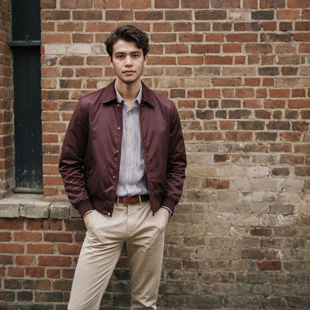 Stylish man in maroon jacket poses against brick wall