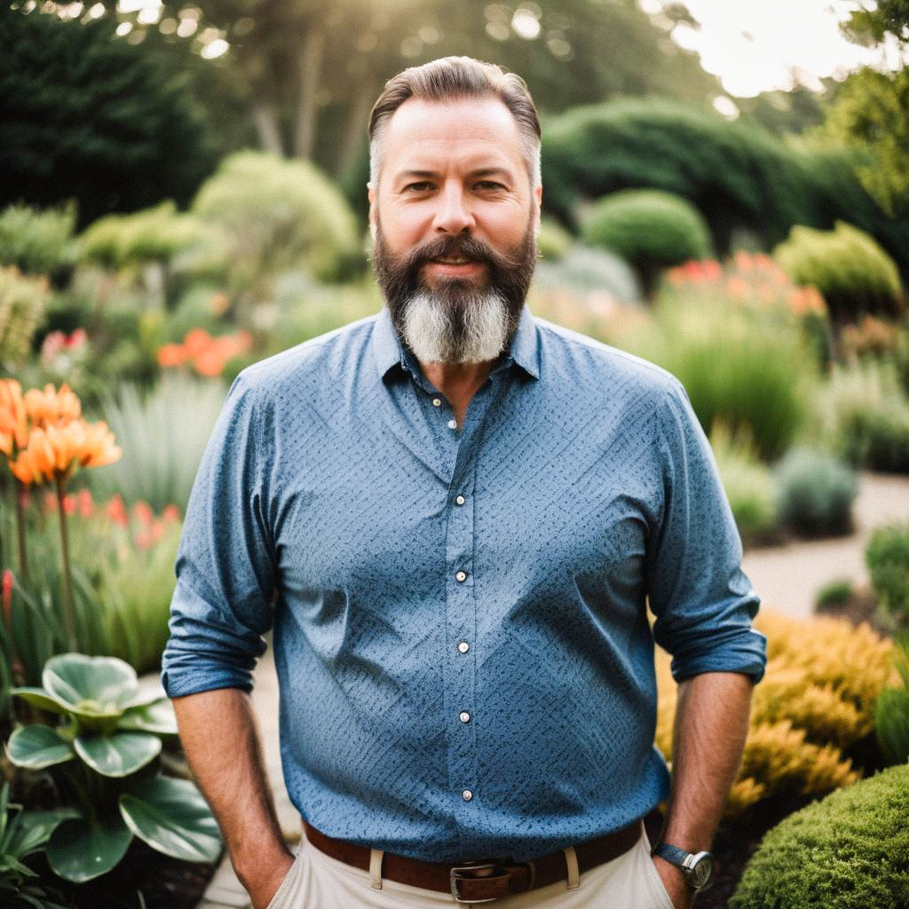 Confident Man in Vibrant Garden