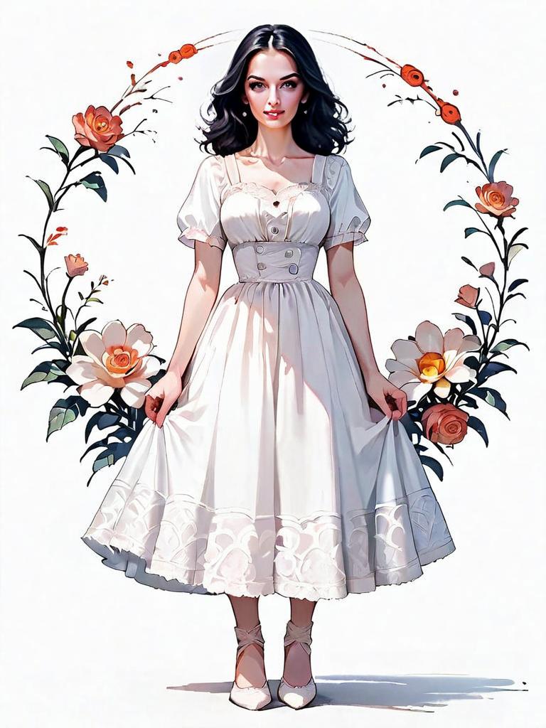 Realistic Romantic Woman Full Body Illustration with Floral Accents