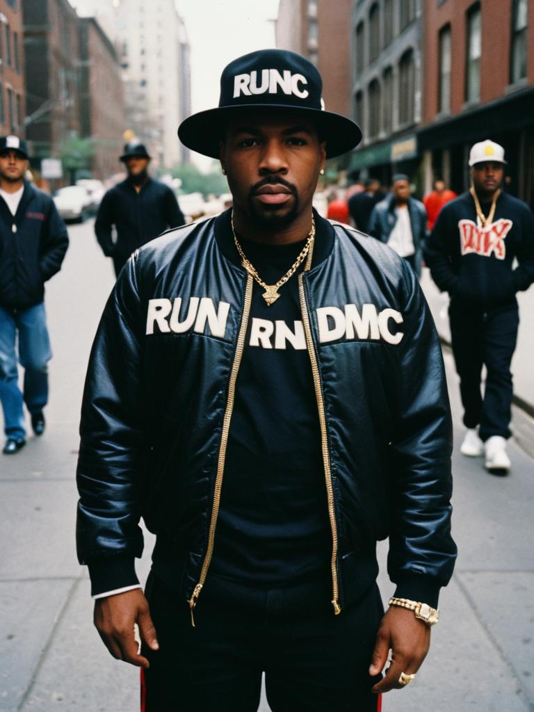 Man in Run DMC Costume Waist Up Editorial Street Portrait Cinematic