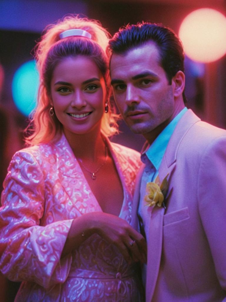 80s Movie Scene: Vintage Formal Attire in Neon Lighting