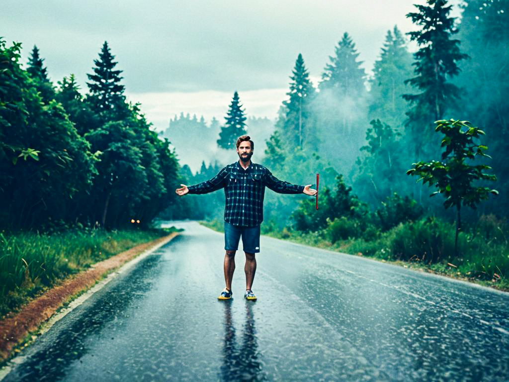 Man on Rainy Road Surrounded by Nature