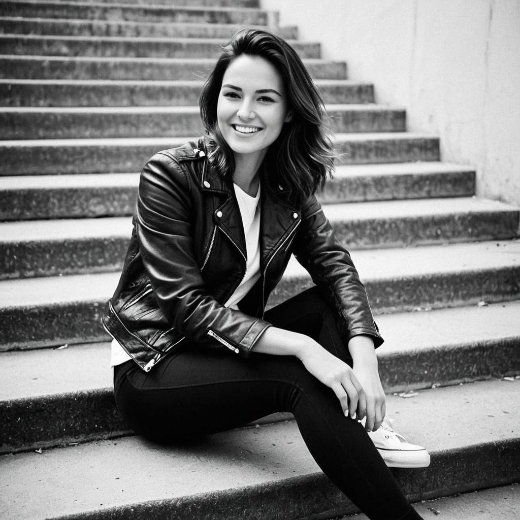Young Woman in Leather Jacket on Concrete Steps Young Woman in Leather Jacket on Concrete Steps