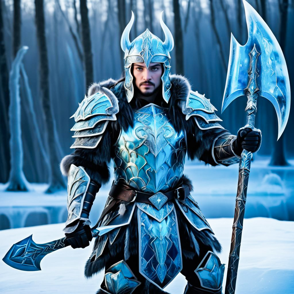 Warrior in Icy Blue Armor in Winter Forest