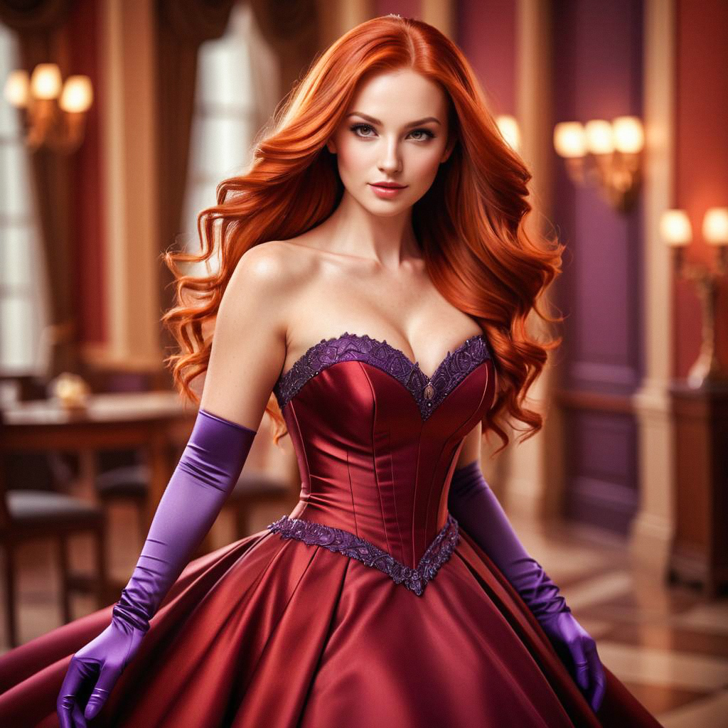 Elegant Woman in Red Gown in Luxurious Ballroom