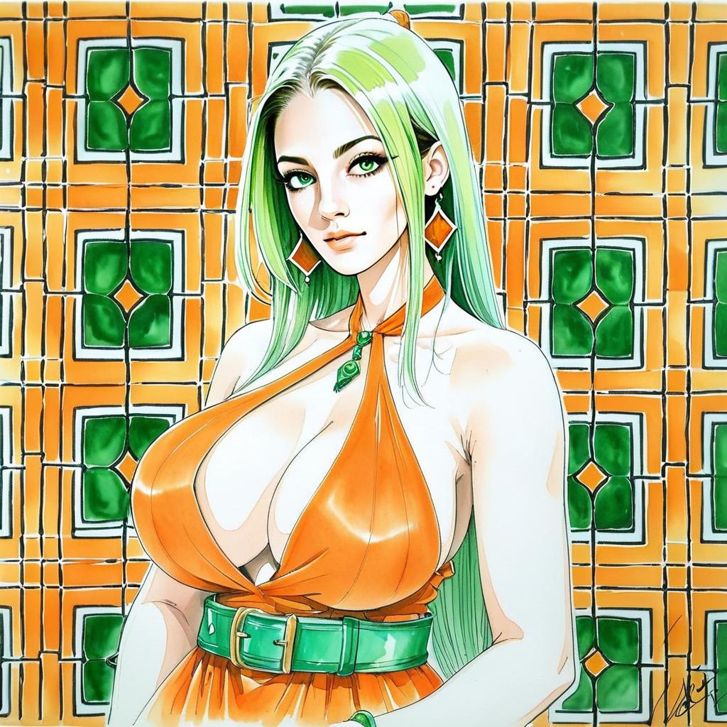 Confident Young Woman in Orange Dress with Green Background
