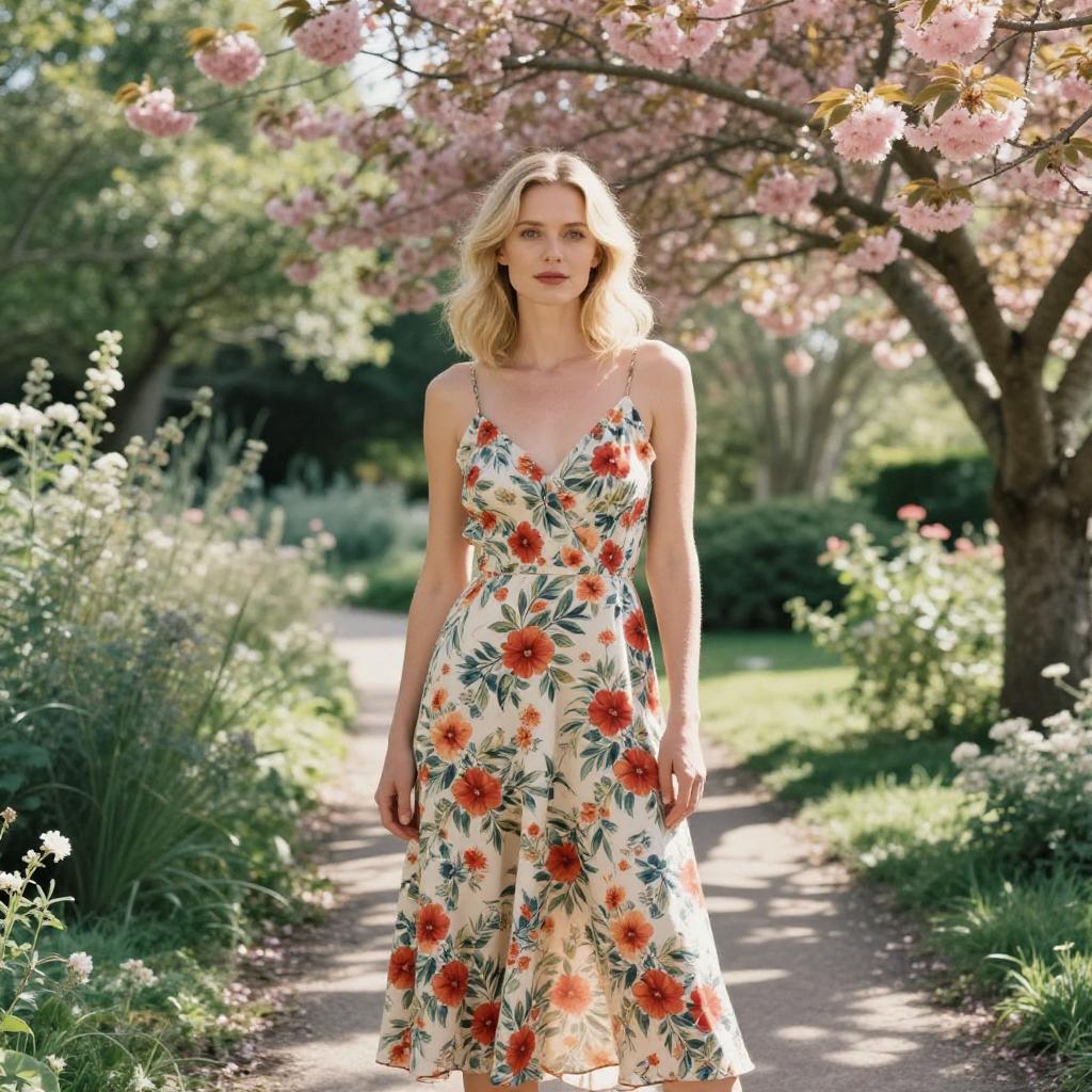 Woman in Floral Dress Standing Under Cherry Blossoms in Garden