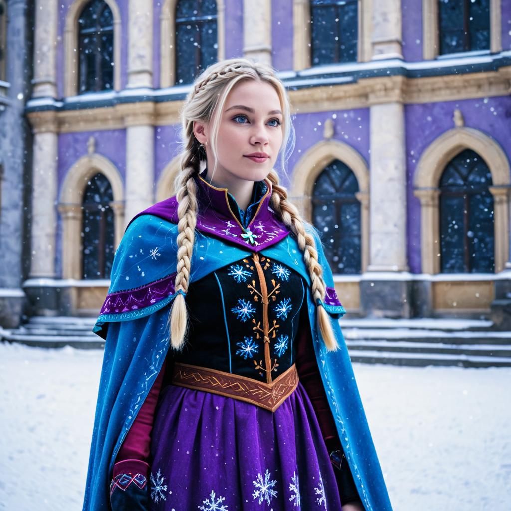 Woman in Winter Costume with Historic Building
