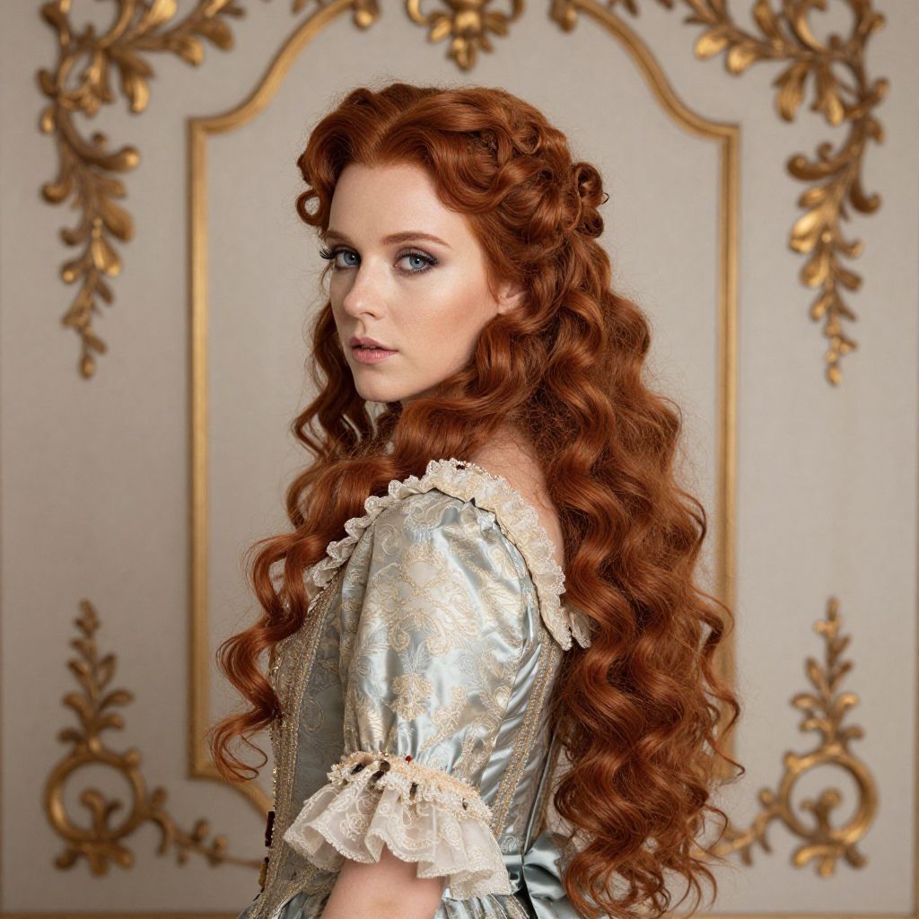 Elegant Redheaded Woman in Vintage Lace Gown with Ornate Golden Background