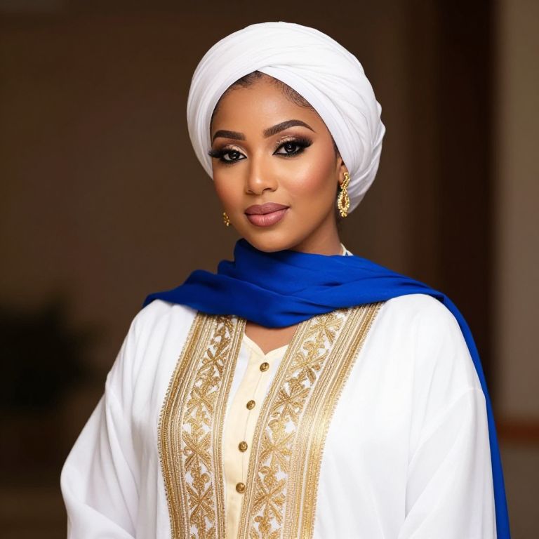 Elegant Woman in Traditional White and Gold Embroidered Outfit with Blue Shawl