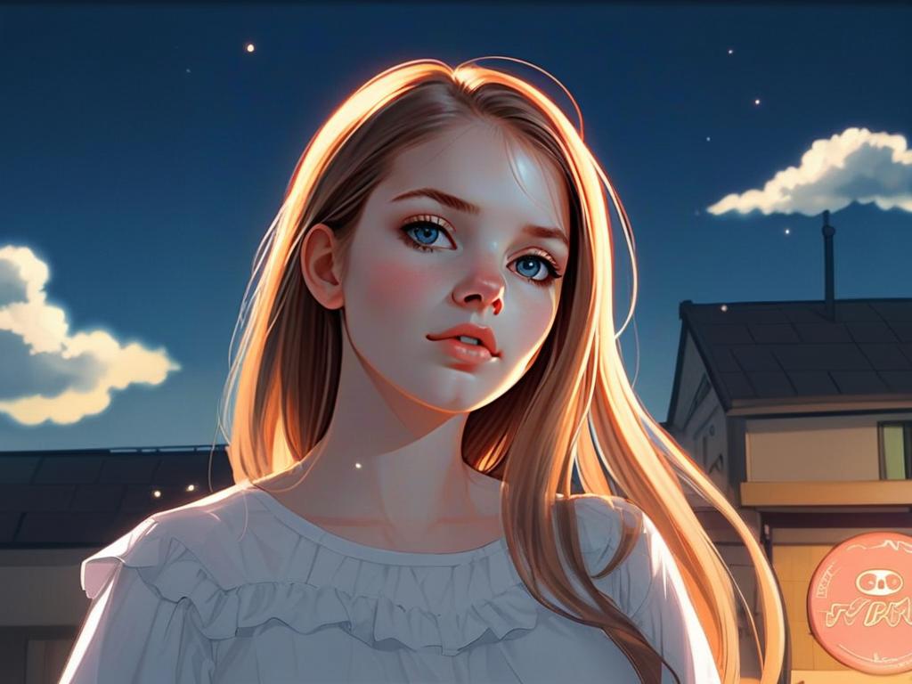 Digital Illustration of Young Woman in Twilight Urban Scene