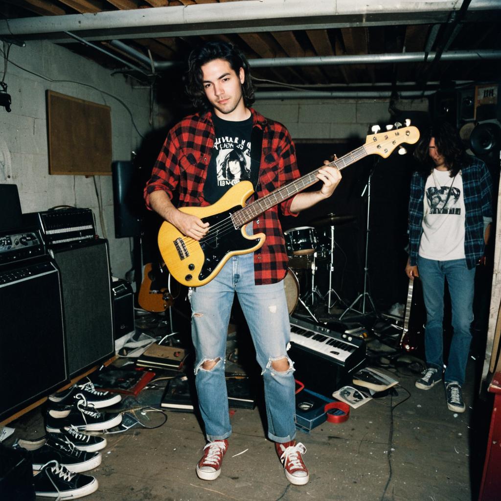 Indie Rock Musicians Practicing in Basement Studio with Electric Bass Guitar