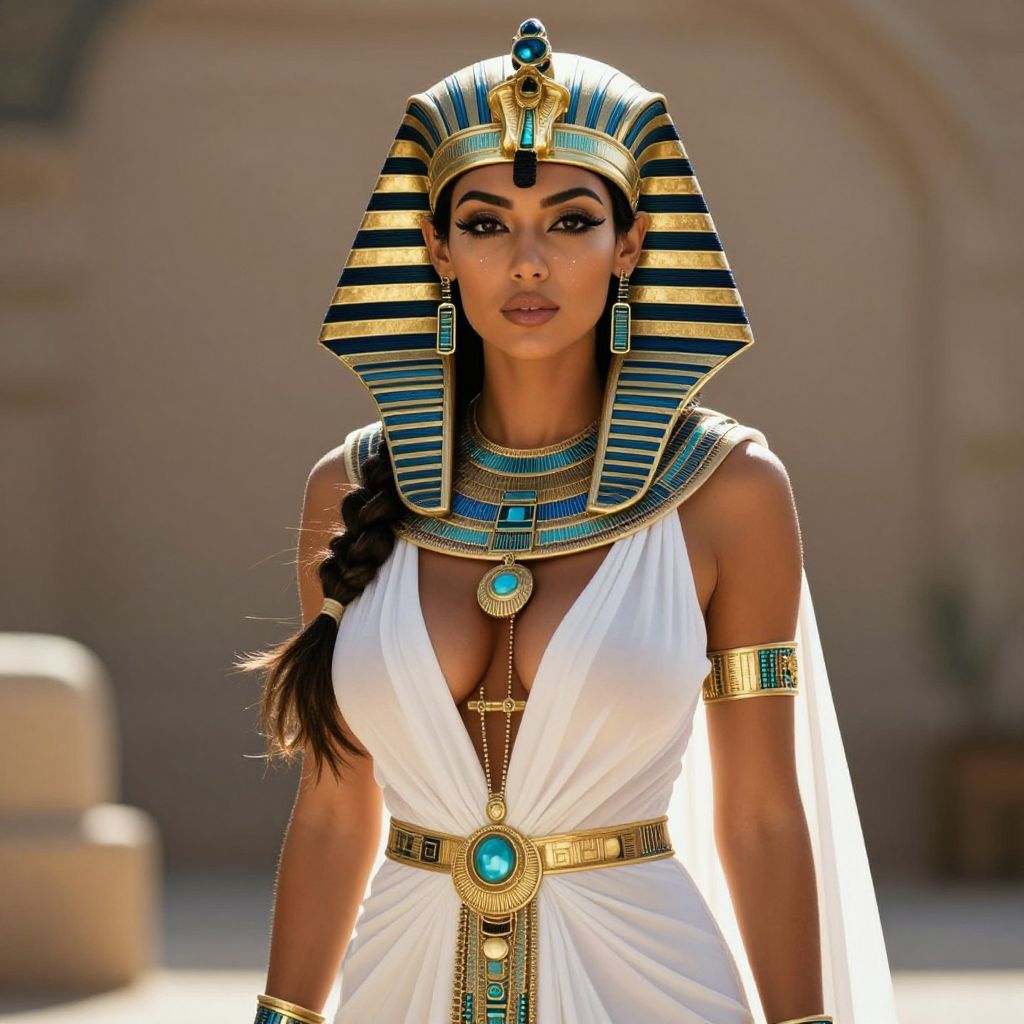 Woman in Egyptian Pharaoh Costume Wearing Nemes Headdress and Gold Jewelry