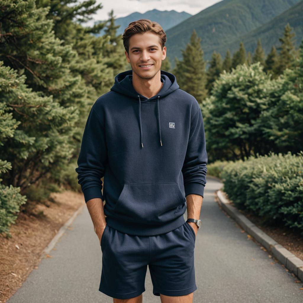 Man in Navy Hoodie Enjoying a Scenic Stroll