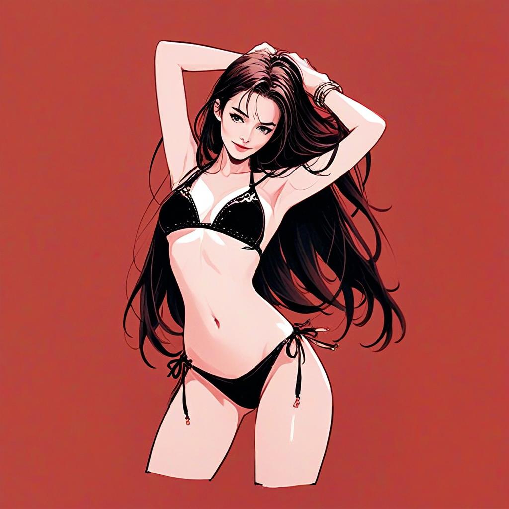 Confident Woman in Black Bikini on Red Background Confident Woman in Black Bikini on Red Background
