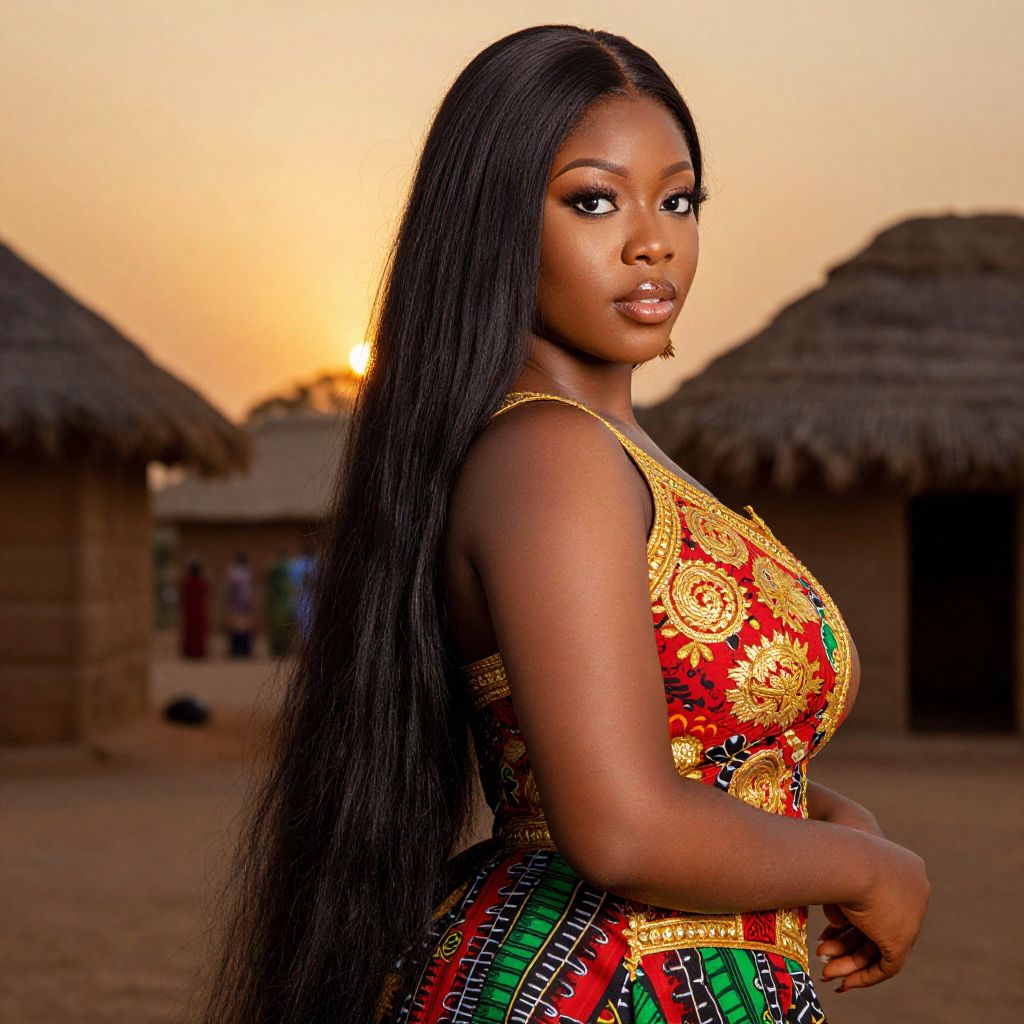 Young Woman in Traditional African Dress at Sunset Village