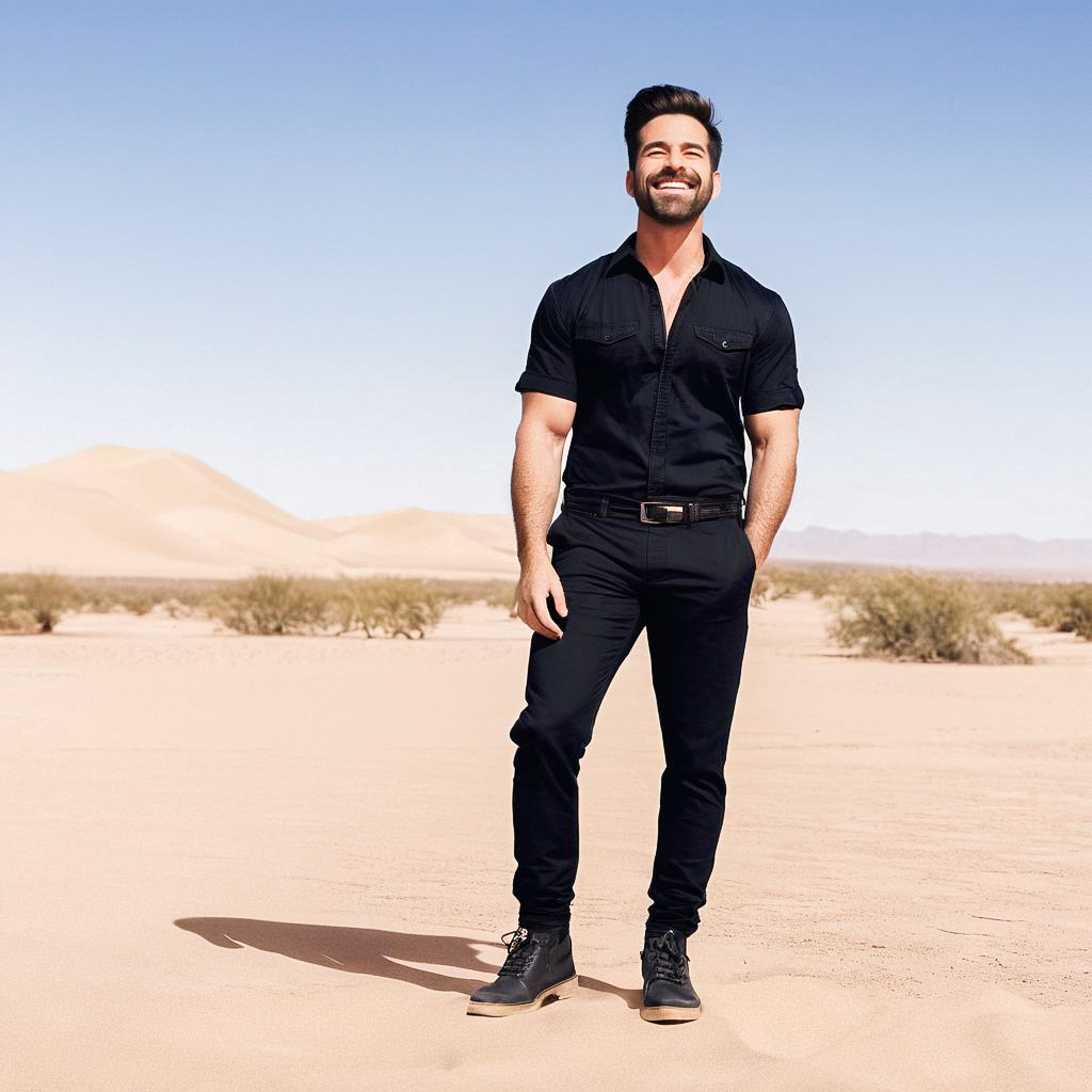 Confident man in stylish black outfit in desert landscape Confident man in stylish black outfit in desert landscape