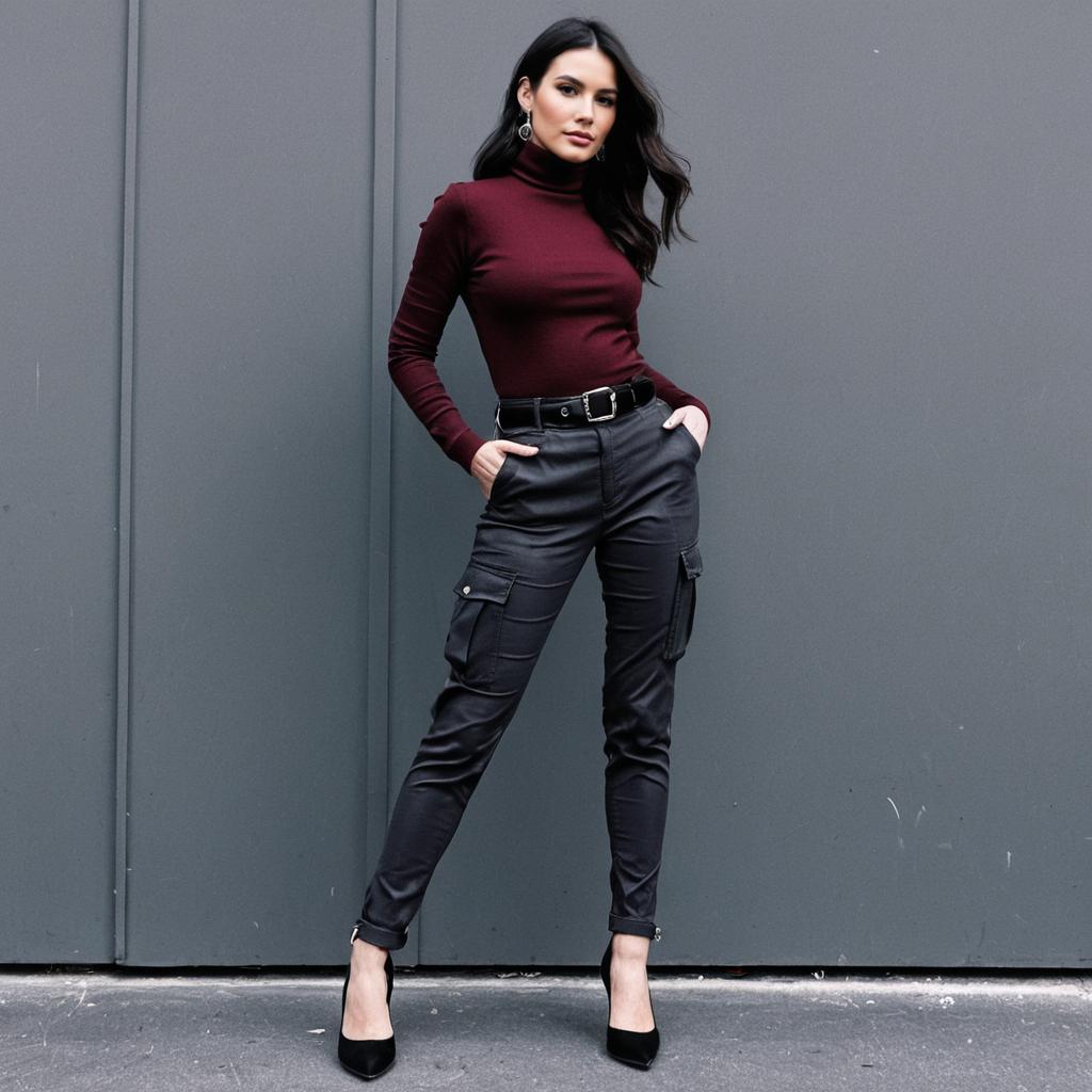 Confident Woman Wearing Maroon Turtleneck and Black Leather Cargo Pants