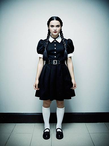 Woman in Wednesday Addams Black Dress Costume Full-Body Cosplay Photo