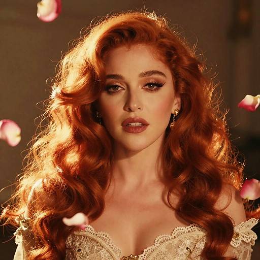 Glamorous Red Haired Woman in Vintage Lace Dress with Falling Rose Petals