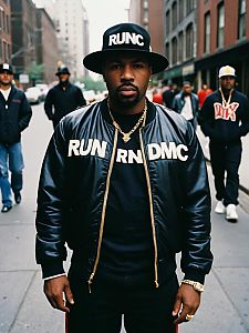 Man in Run DMC Costume Waist Up Editorial Street Portrait Cinematic