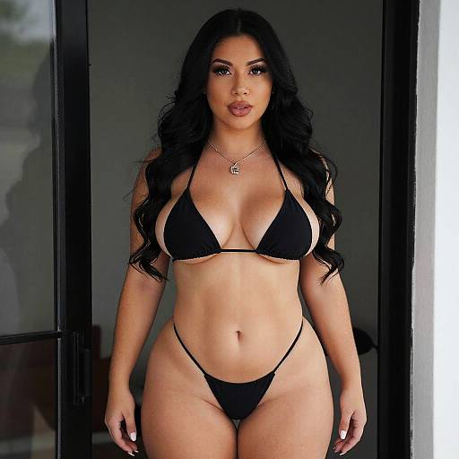 Confident Woman in Minimalist Black Bikini Posing Indoors