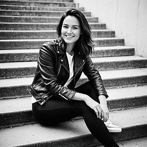 Young Woman in Leather Jacket on Concrete Steps