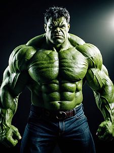 Photorealistic Studio Portrait of Man in Hulk Costume with Strong Lighting