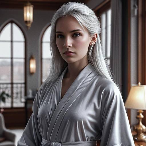 Elegant Woman with Silver Hair in Gothic-Style Room Wearing Silky Robe