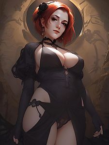 Confident Red-Haired Woman in Gothic Black Dress Digital Art