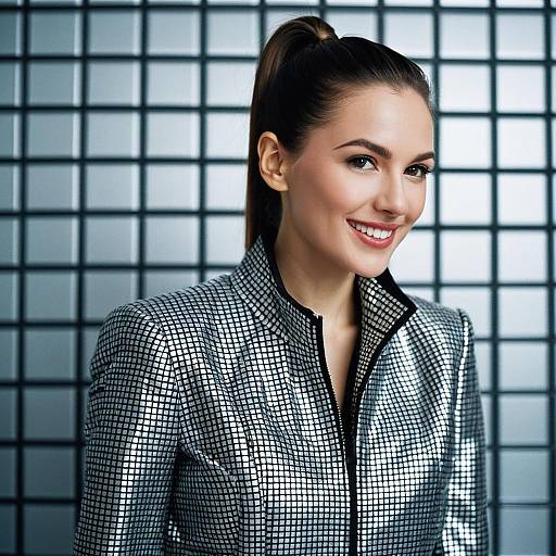Confident Woman in Futuristic Silver Metallic Grid Jacket