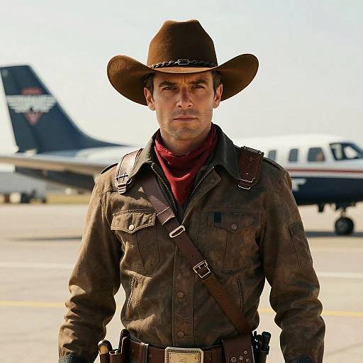 Man in Top Gun Maverick Costume with Cowboy Hat and Red Scarf at Airport