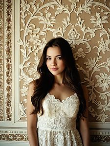 Elegant Young Woman in White Lace Dress with Vintage Floral Background
