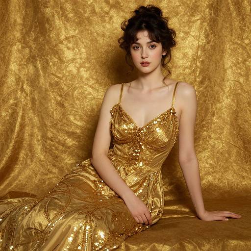 Elegant Woman in Gold Sequin Dress Against Golden Backdrop