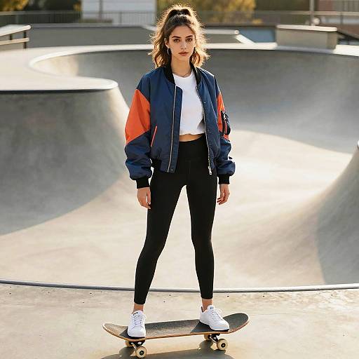 Gen Z Woman Skateboarder in Trendy Streetwear at Skate Park