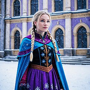 Woman in Winter Costume with Historic Building