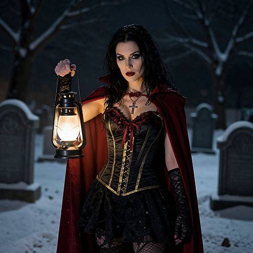 Gothic Woman in Victorian Costume Holding Lantern in Snowy Graveyard