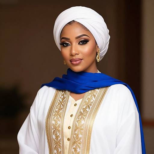 Elegant Woman in Traditional White and Gold Embroidered Outfit with Blue Shawl