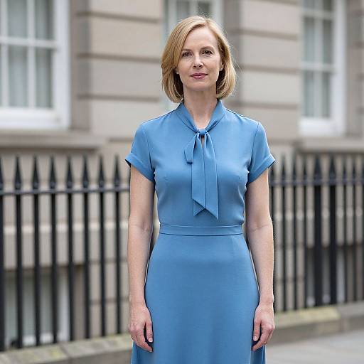 Woman Wearing Blue Dress with Bow Standing Outdoors Urban Background
