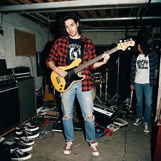 Indie Rock Musicians Practicing in Basement Studio with Electric Bass Guitar