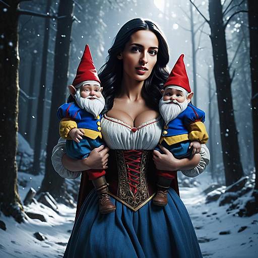 Woman in Medieval Costume Holding Garden Gnomes in Snowy Forest