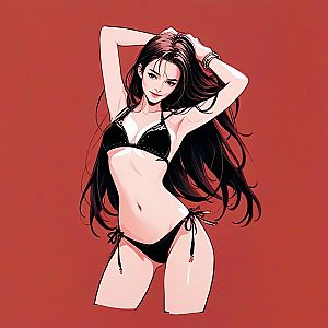Confident Woman in Black Bikini on Red Background