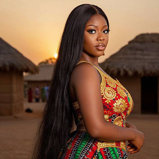 Young Woman in Traditional African Dress at Sunset Village