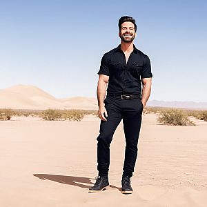 Confident man in stylish black outfit in desert landscape