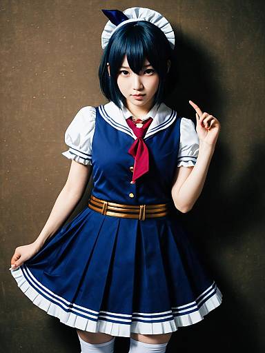 Realistic Yui Ikari Cosplay Woman in Navy Blue Sailor Dress