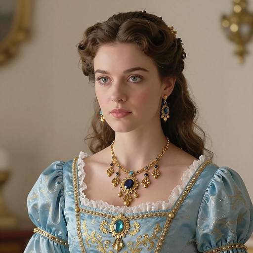 Young Woman in Blue Renaissance Style Dress with Ornate Jewelry