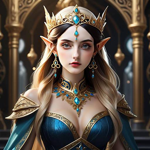 Fantasy Elf Queen with Golden Crown and Blue Gemstones