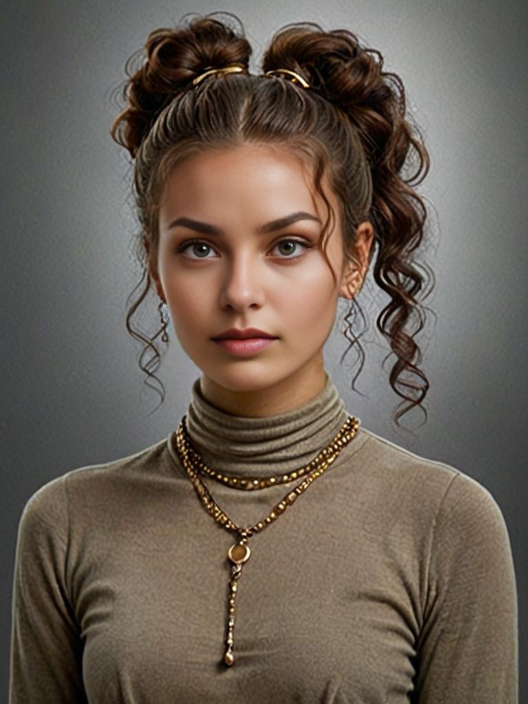 Woman with intricate hairstyle and gold necklace